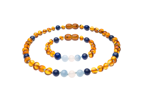 Aquamarine and Amethyst Size 12.5 & 5.5 Inches Polished Cognac/Aquamarine/Amethyst Kids Baltic Amber Natural Necklace and Bracelet Made with Polished Cognac AmberSky 32 & 14 cm 